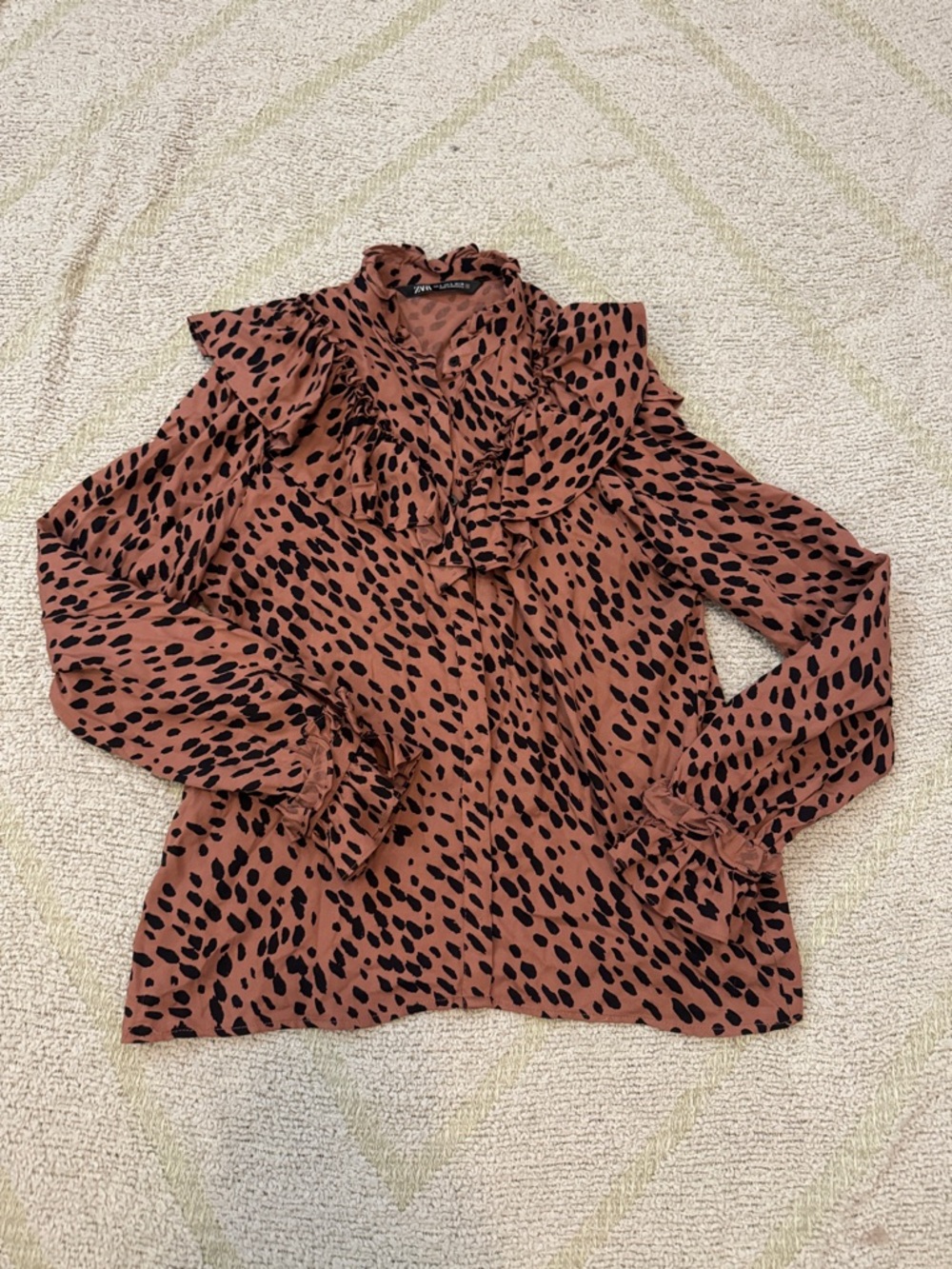 Zara Ruffle Animal Print Blouse High Neck Statement Top Small